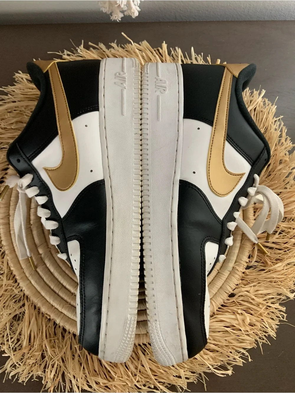 NIKE Men’s Air Force One Black White Gold Sneakers Size 10.5